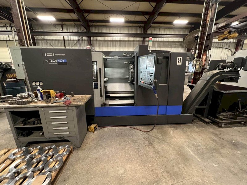 Hwacheon Hi Tech 450B CNC Lathe, 2013- Fanuc Control, Chip Conveyor