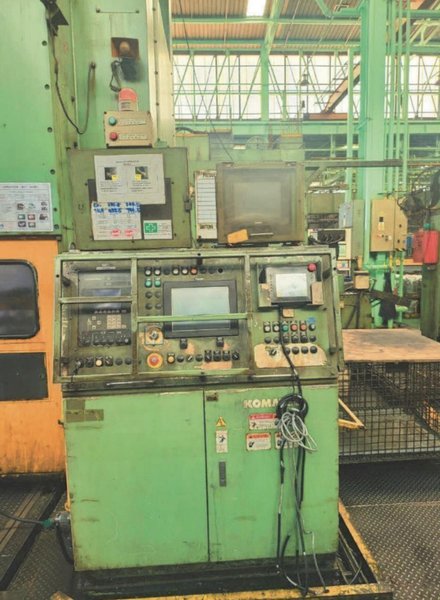 500 Ton Komatsu Transfer Press, Model E2T500-38M, 19&quot; STR, 33&quot; Die Height, 6&quot; ADJ, 81&quot; x 55&quot; BA, 10-30 SPM Vari, 4 Stage Trans, Cushions