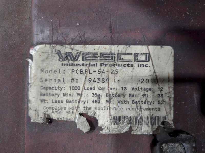 1,000 LB WESCO MODEL #PCBFL-64-25 ELECTRIC FORK LIFT: STOCK #19638