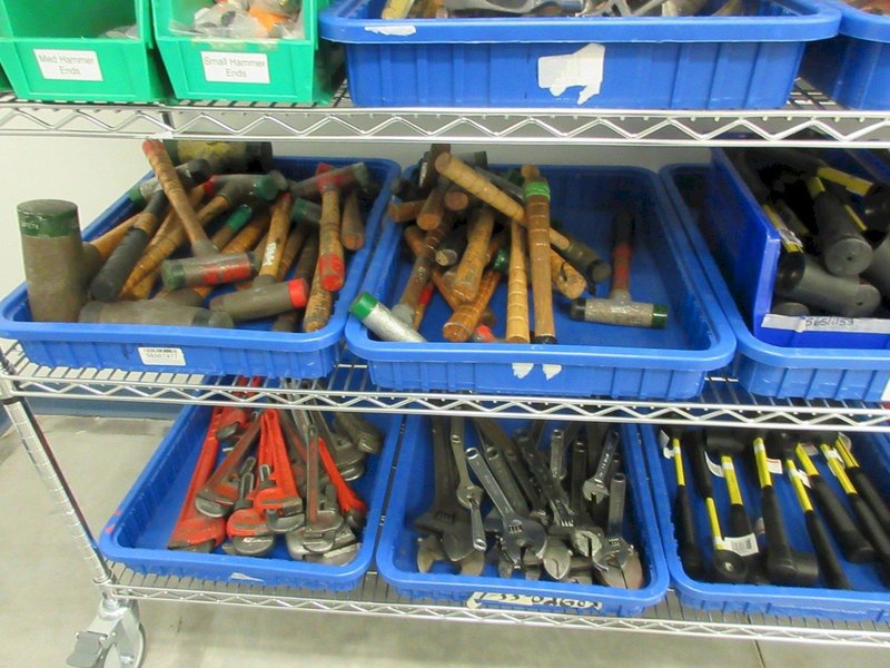 Hand Tools, Large Assortment Including Bolt Cutters, Clamps Tap and Dies, Bubble Levels, Hammers, Pipe Wrenches and More on Uline 5-Shelf 72" x 24" x 78" Metal Wire Rolling Cart- Auction Item