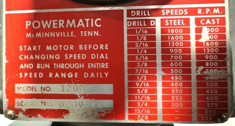 20" Powermatic Single Spindle Drill 1200, V-Speed, 3 M.T., 22" x 19" Tbl., 1 HP