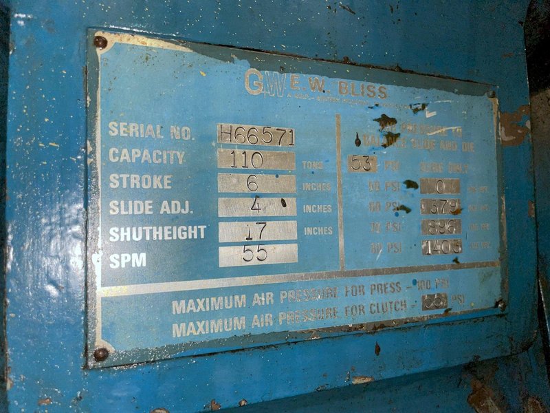 110 TON BLISS MODEL #C-110 OBI PRESS, 6&quot; STROKE: STOCK #13582