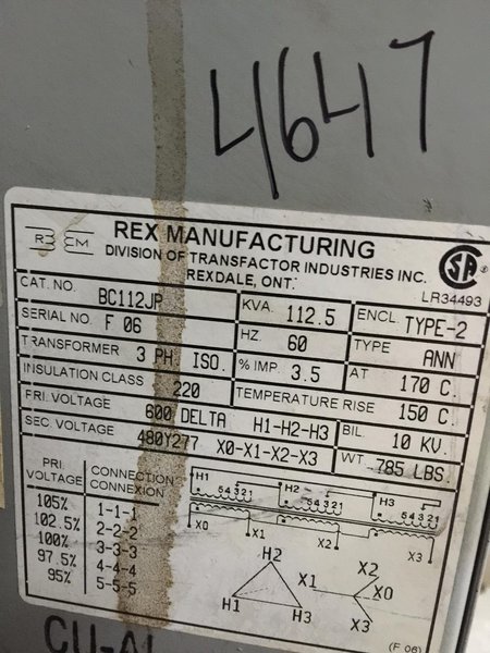 Rex Transformer 112 KVA 600 V Primary 480 V Secondary