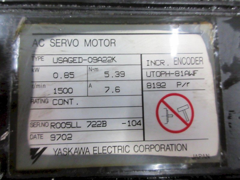 Used Haas Servo Axis Motor Sigma 1- 09 (Long) Part #93-62-0013 (Yaskawa Model USAGED-09A22K)