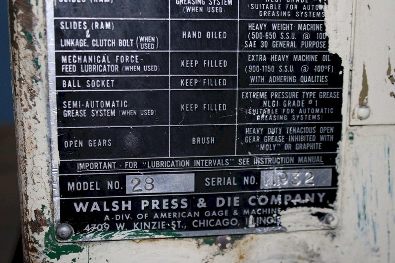 28 TON WALSH MODEL #28 FLYWHEEL OBI PRESS: STOCK #75616