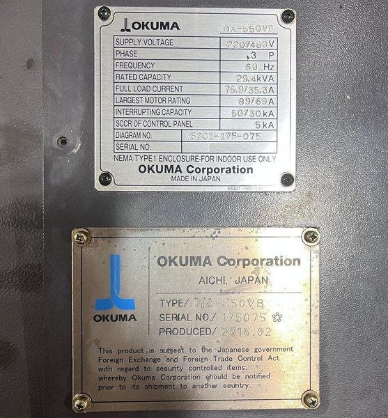 Okuma MA-550VB CNC Vertical Machining Center – 50 Taper Mill