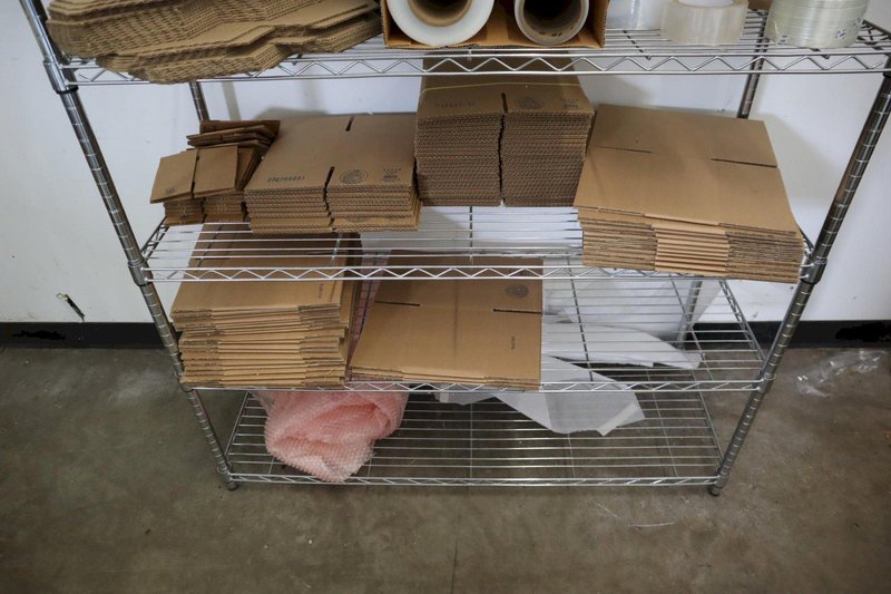 Wire Shelf Unit with 6 Adjustable Shelves, and Contents of Shipping Supplies, Boxes, Shrink Wrap, Corner Protectors and Tape- Auction Item