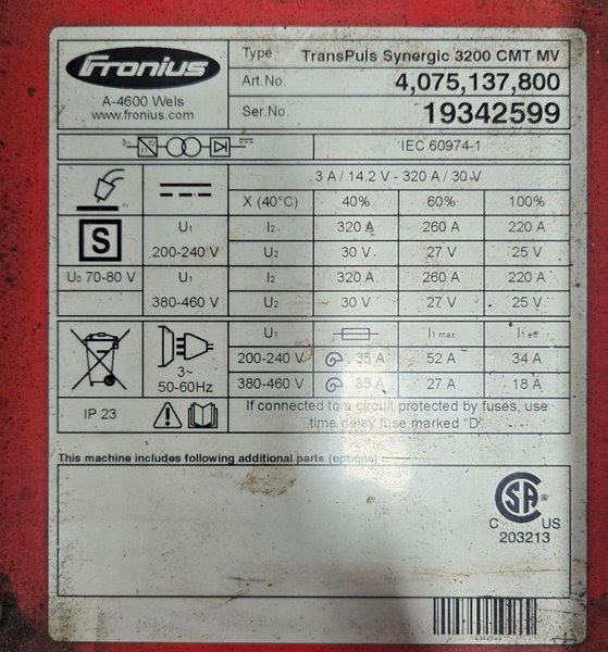 FRONIUS TRANSPULS SYNERGIC 3200 CMT MV / FK 4000-R 4075137800 USED