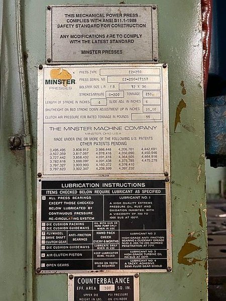 250 Ton MINSTER E2-250-72-36 Hevi-Stamper Straight Side Mechanical Metal Stamping Press, New 1988