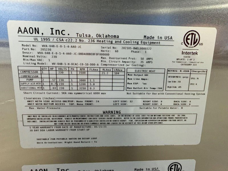 AAON DANDELION HEAT PUMP  -  WVA-048-E-0-1-4-AA0-JC