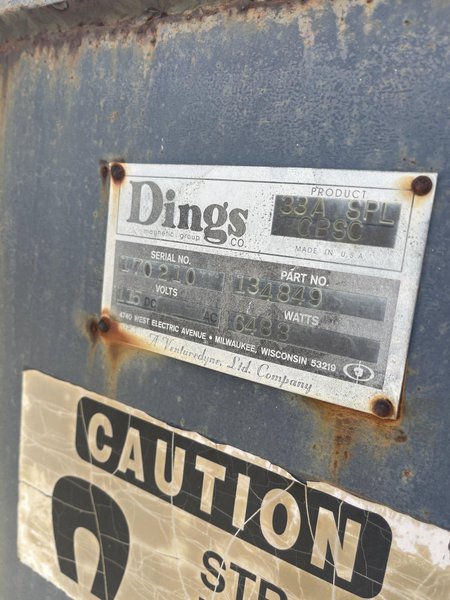 DIngs model 134849 36" x 72" centers cross belt electric magnetic belt conveyor with drive and controls s/n 170210 product 33a spl cbsc, 175 volt dc, 6483 watts with DIngs model 6.5k4d4811-4sp rectifier 480 volt, 9 amp, 6500 watts, s/n 134971