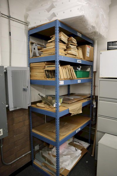 Teardrop Style Racking with 6 Adjustable Shelves and Contentes of Wood Frame Screens, Foam, Fixtures- Auction Item