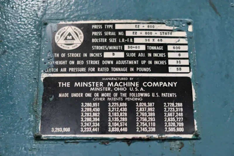 MINSTER E2-600 SSDC PRESS, S/N 17878, STOCK# 14141J