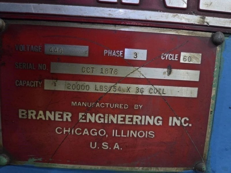 20,000 LBS BRANER HYDRAULIC COIL UPENDER WITH POWER FEED CONVEYOR: YOBRO #25238