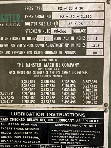 60 ton Minster Model P2-60-36 Piece-Maker Used Highspeed Straight Side Mechanical Metal Stamping Press For Sale, Year 1975