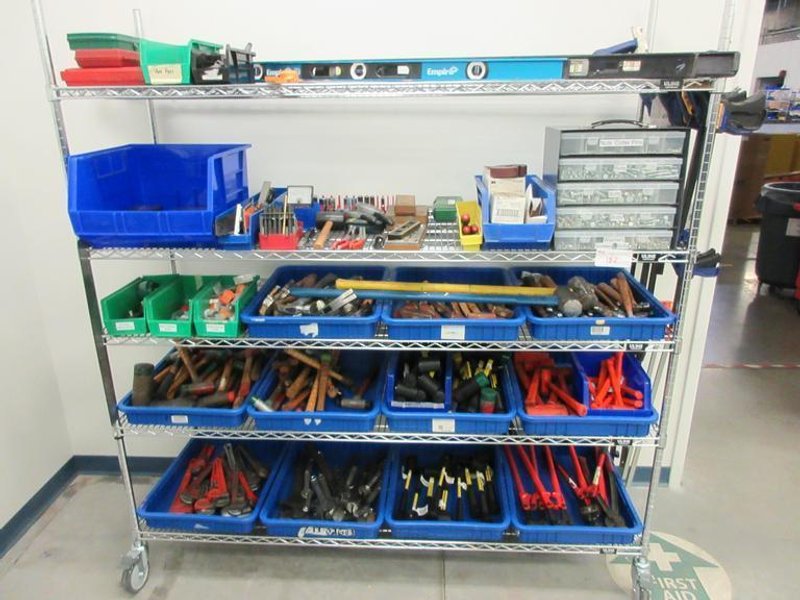 Hand Tools, Large Assortment Including Bolt Cutters, Clamps Tap and Dies, Bubble Levels, Hammers, Pipe Wrenches and More on Uline 5-Shelf 72" x 24" x 78" Metal Wire Rolling Cart- Auction Item