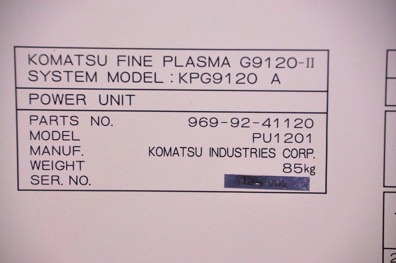 6&#039; x 12&#039; Komatsu Rasor Model KCR-12612 CNC Plasma Table &amp; Model G9120-II Power Unit: Stock #23460