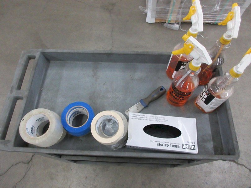 Plastic Shop Cart, 3 Shelves with Cleaning Supplies and Tape- Auction Item