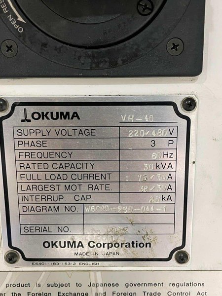 Okuma VH-40 CNC 5 Axis Mill Vertical Machining Center