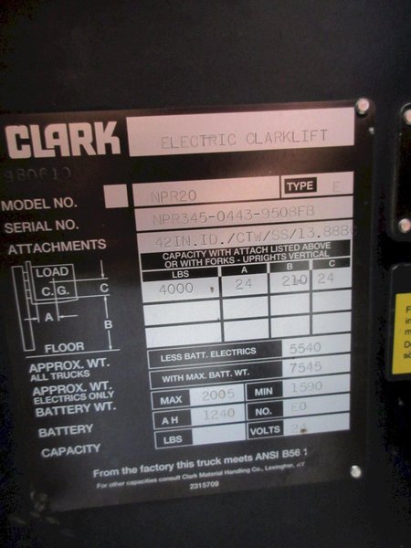 Clark Electric Standing Reach Forklift with Hobart 24V Charger, 4000 LB Load Capacity- Auction Item