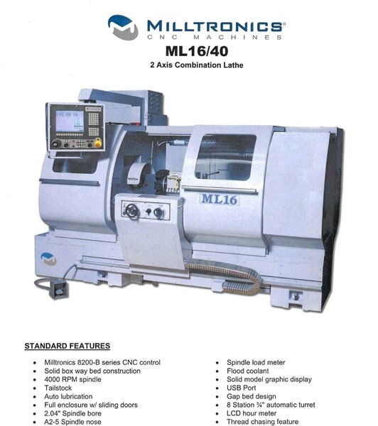 Milltronics Model ML16/40 2-Axis CNC Flat Bed Lathe, S/N 1289. Low Hours!
