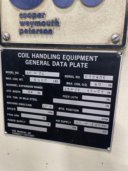 CWP Coil Reel And Straightener Combination 6,500 Lbs. x 24" Wide .187" Stock Thickness