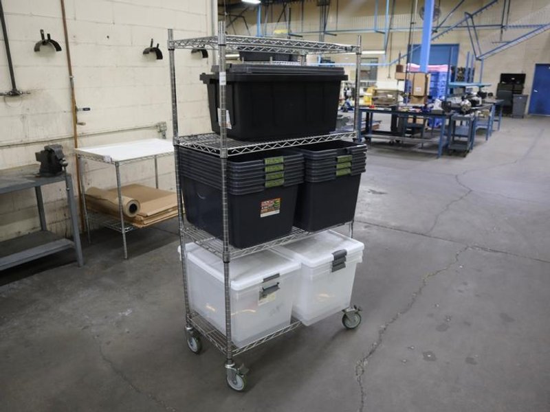 Uline Wire Rack Cart with 4 Shelves and Plastic Totes- Auction Item