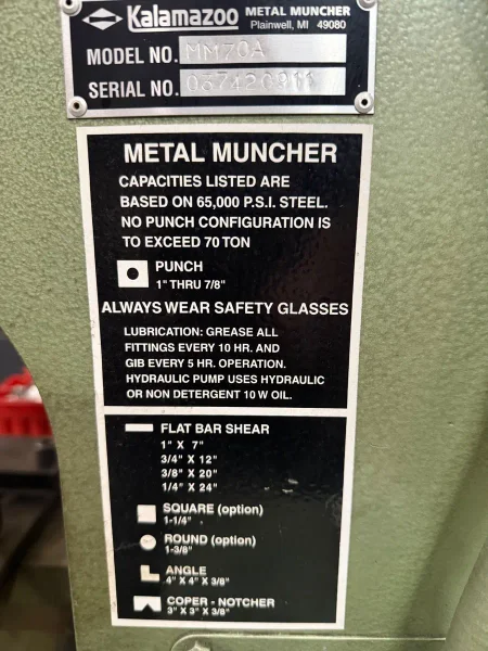 USED 70 TON KALAMAZOO METAL MUNCHER MM70A DUAL CYLINDER HYDRAULIC IRONWORKER