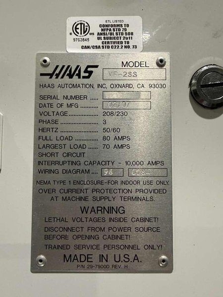 Haas VF-2SS CNC Vertical Machining Center – 12,000 RPM Mill