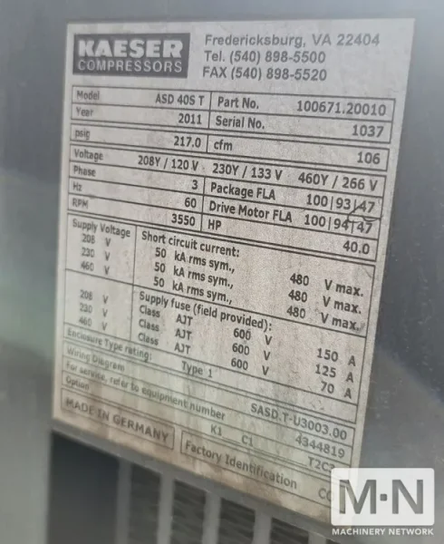 40 HP Kaeser ASD 40S T Rotary Screw Air Compressor, 2011