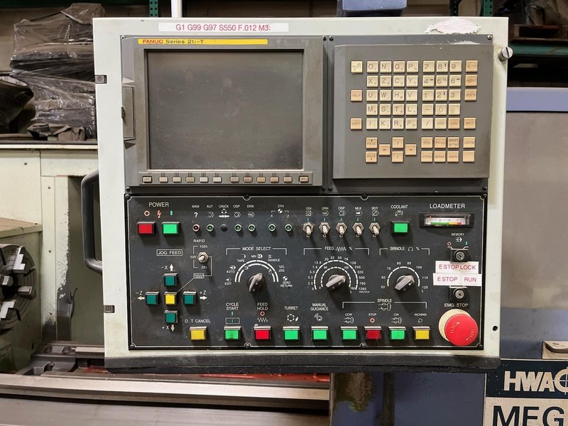 Hwacheon, Mega 58, CNC Flatbed Lathe, Fanuc 21i-T Control, 2002