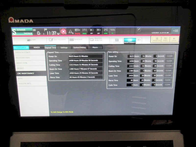 Amada Ensis 3015 AJ MII CNC Fiber Laser,  AMNC 3i Control, 3.1 KW, 120" x 60", Pallet Shuttle, Fume Collector - NEW 2017 Only 1,380 Beam ON Hours!