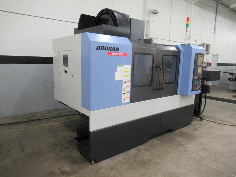 Doosan DNM 500 CNC Vertical Machining Center, 12K RPM Spindle, High Pressure Coolant, Renishaw Probing, Full 4th Axis, Chip Conveyor