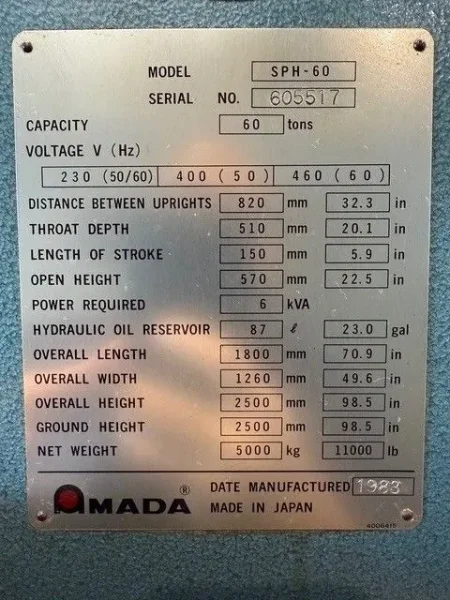 AMADA SPH-60 66 Ton Brake Punch 1983’ #7906