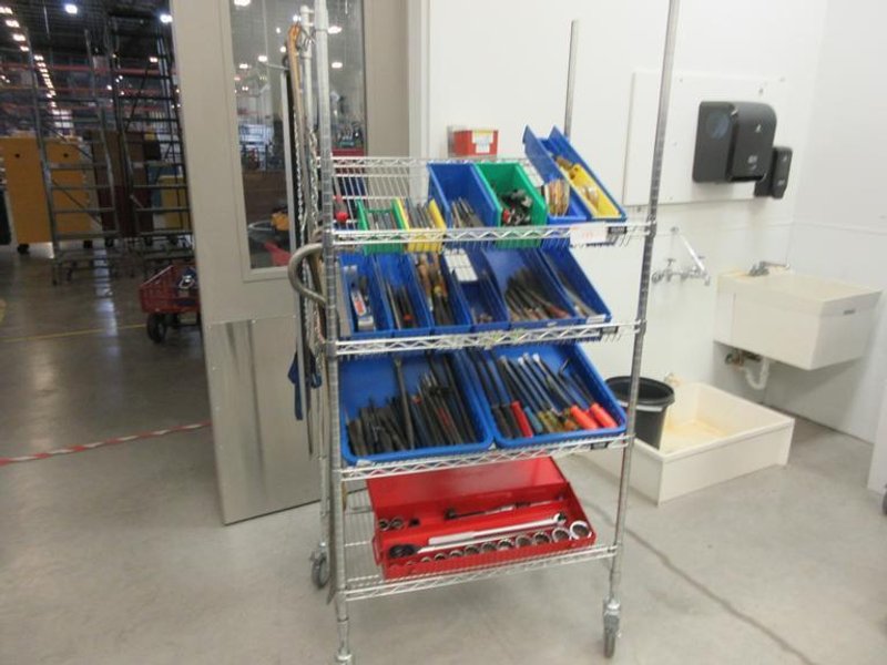 Hand Tools, Large Assortment including 3/4" Drive Socket Set, Pry Bars, Files, Punches and MORE on 4-Shelf Uline 36" x 24" x 78" Metal Wire Rolling Cart- Auction Item