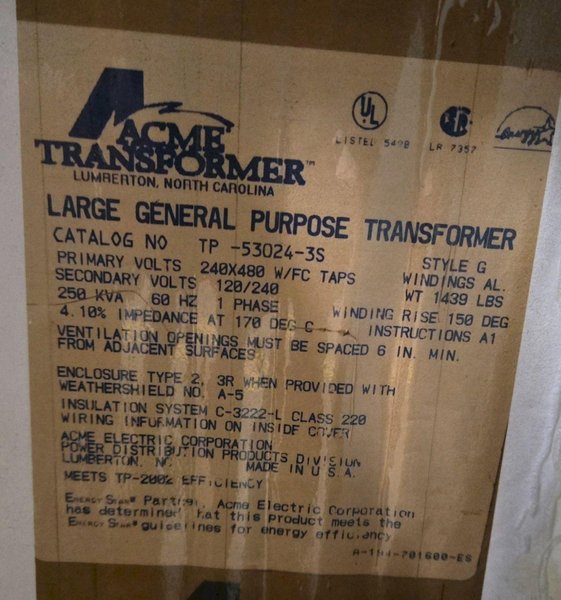 ACME TRANSFORMER TP-53024-3S 250KVA 240X480V TRANSFORMER USED