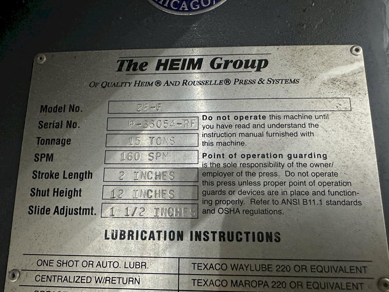 15 TON ROUSSELLE HEIM MODEL #2E-F OBI STAMPING PRESS, 2&quot; STROKE: STOCK #20153