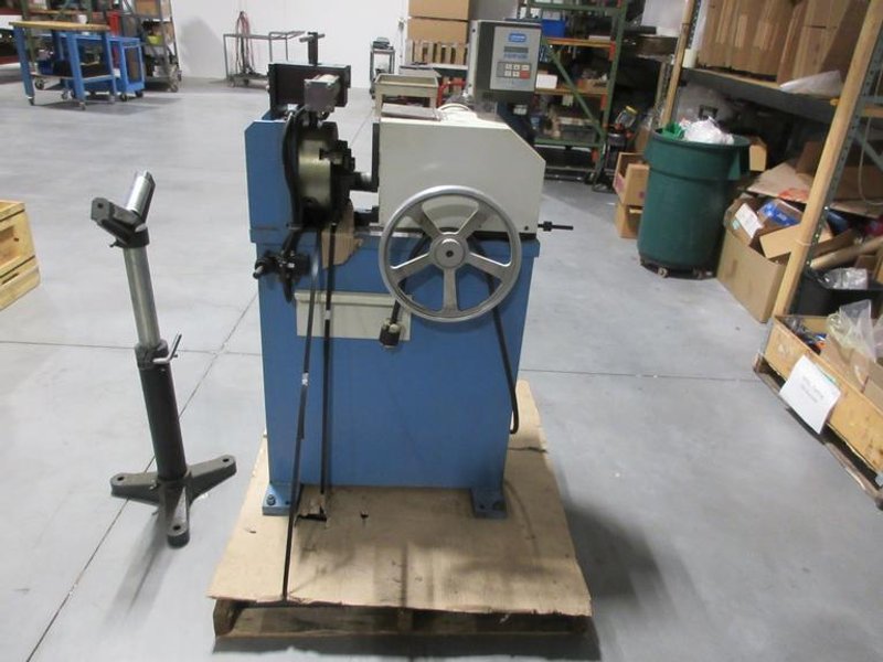 J.F. Berns Chamfering Machine - 3″ Round Cap, 2 HP, Air/Manual Chuck, 9.5&quot; 3-Jaw Chuck W/ Adjustable Height Roller Stand- Auction Item