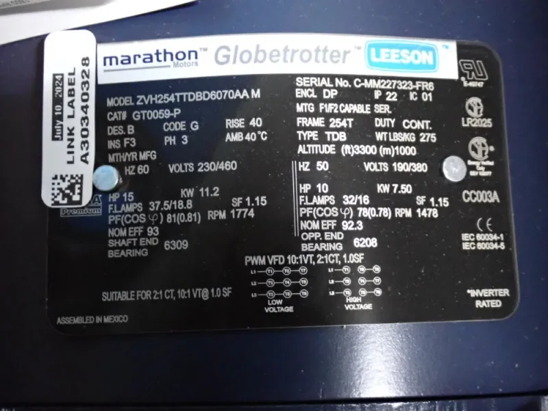 MARATHON MOTORS 15 HP MOTOR  -  254TTDBD6070