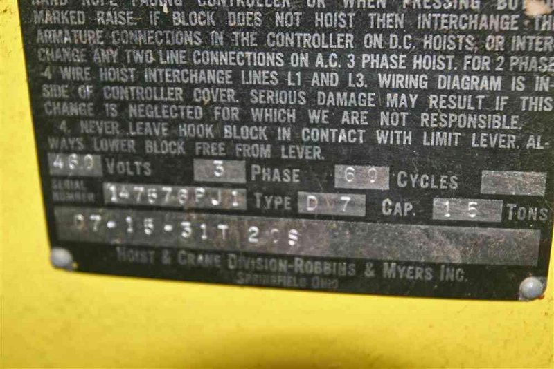 15 TON X 25' ROBBINS &amp; MYERS OVERHEAD BRIDGE CRANE: STOCK #51931