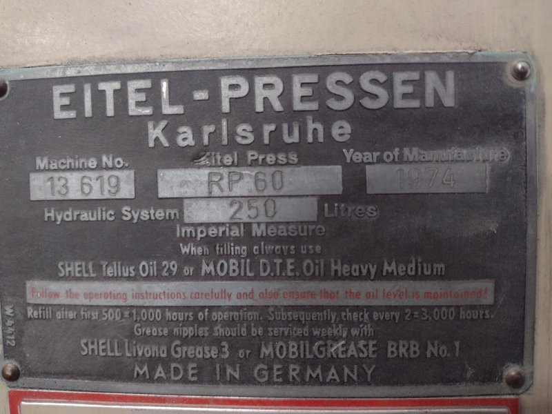 60 TON EITEL MODEL #RP60 HYDRAULIC PRECISION STRAIGHTENING PRESS, NEW 1974: STOCK 16013