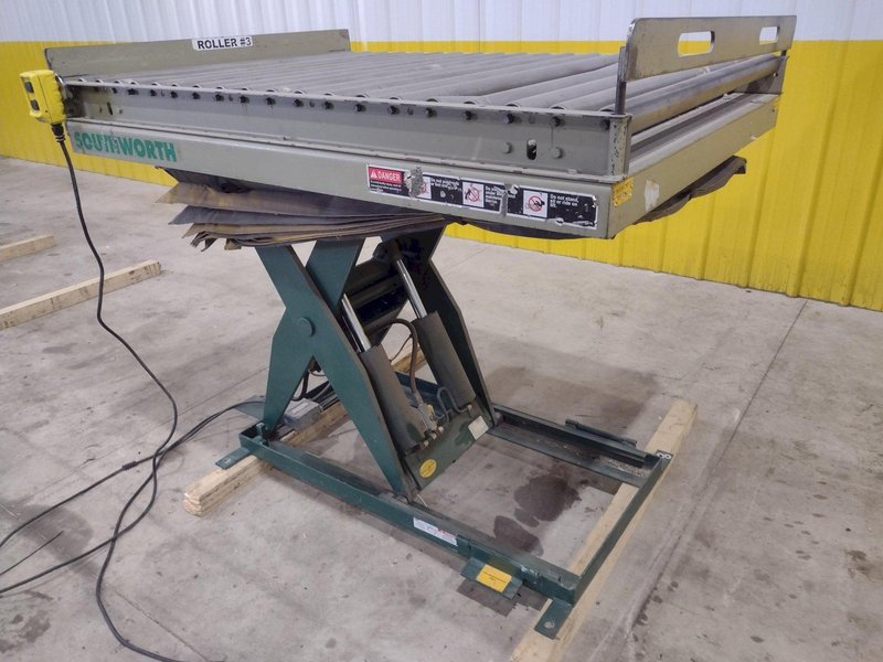 3800 LBS X 60" X 42" SOUTHWORTH MODEL #LS4-36 HYDRAULIC SCISSOR LIFT TABLE WITH ROLLER TOP, 110 VOLT: STOCK #20883