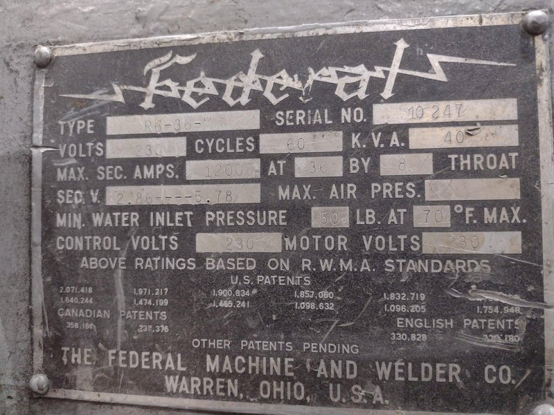 40 KVA x 8&quot; FEDERAL MODEL #R6-36-M ROCKER ARM SPOT WELDER: STOCK #19286