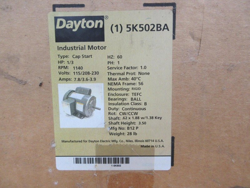 Dayton Electric Motor 5/8" Shaft 1140 RPM, *Appears New In Box*- Auction Item