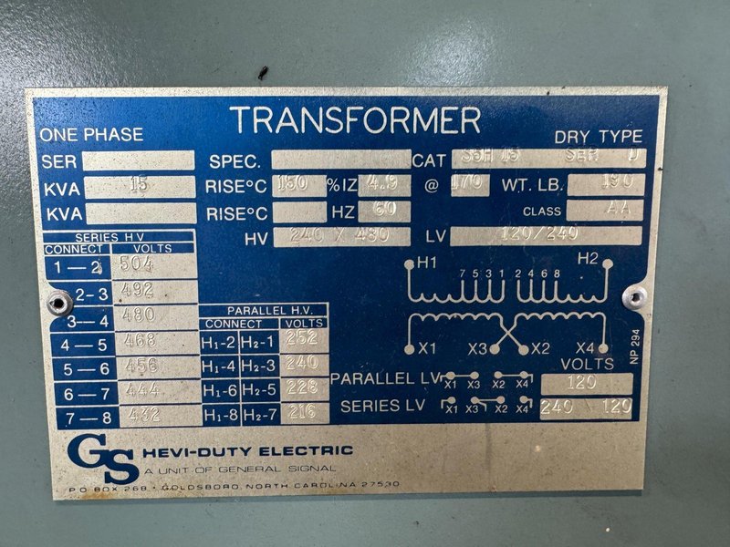 15 KVA GS HEVI-DUTY ELECTRIC DRY TYPE TRANSFORMER. STOCK #1006325
