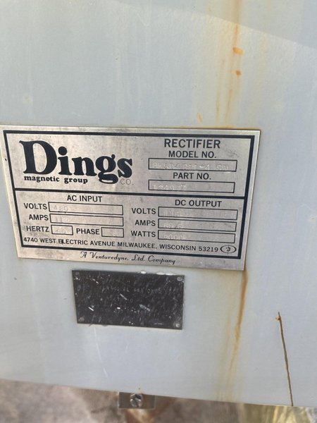 DIngs model 134850 36" x 72" centers cross belt electric magnetic belt conveyor with drive and controls s/n 170210 product 44a spl cbsc, 175 volt dc, 6483 watts with DIngs model 8k5d4811-4sp rectifier 480 volt, 9 amp, 6500 watts, s/n 134977