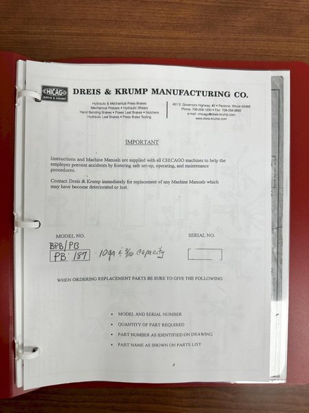 8' X 10 GAUGE CHICAGO DREIS &amp; KRUMP MODEL #8135-6 POWERED BOX &amp; PAN FINGER BRAKE: STOCK #23777