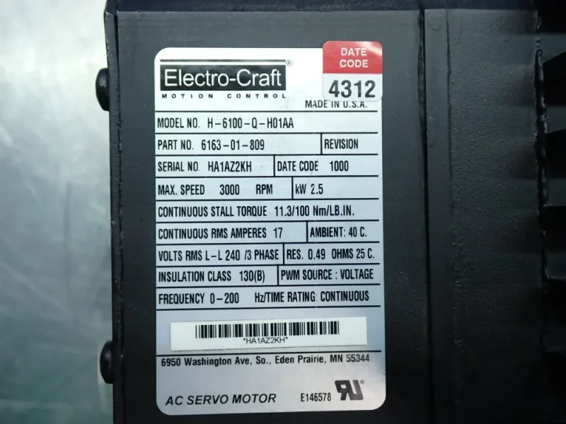ELECTRO-CRAFT BRUSHLESS SERVO MOTOR  -  H-6100-Q-H01AA