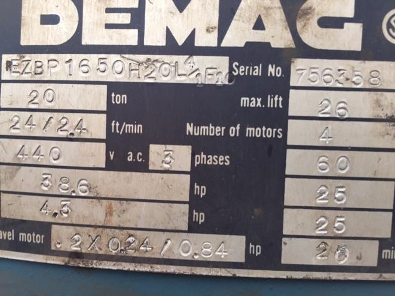 20 TON X 100&#039; DEMAG DOUBLE GIRDER TOP RUNNING BRIDGE CRANE. STOCK # 0953621
