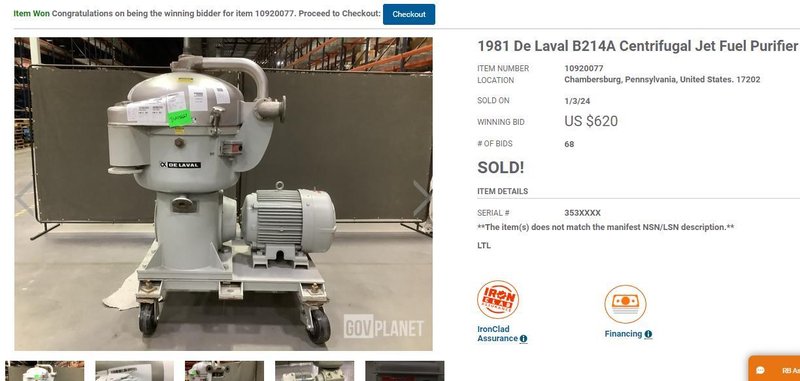 40 HP X 4,100 RPM DE-LAVAL MODEL #B214A CENTRIFUGAL PURIFIER &amp; SEPERATOR: STOCK #20207